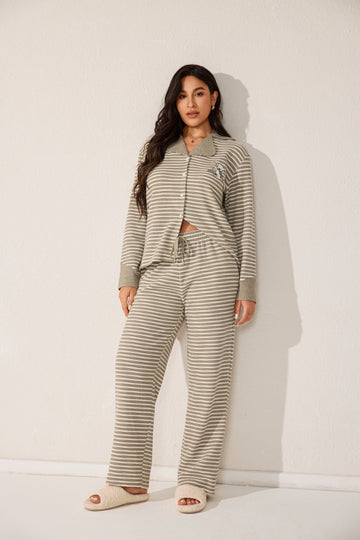 Two-piece open-neck striped pajama set
