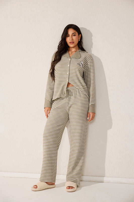 Two-piece open-neck striped pajama set