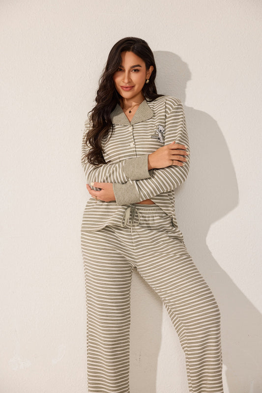 Two-piece open-neck striped pajama set