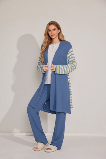 طقم رداء وبلوزة مخطط من ثلاث قطع 