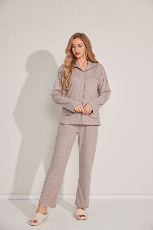 Open-collar two-piece pajama set