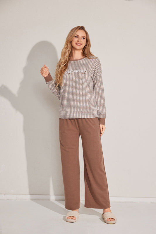 Two-piece pajama set in soft neutral tones
