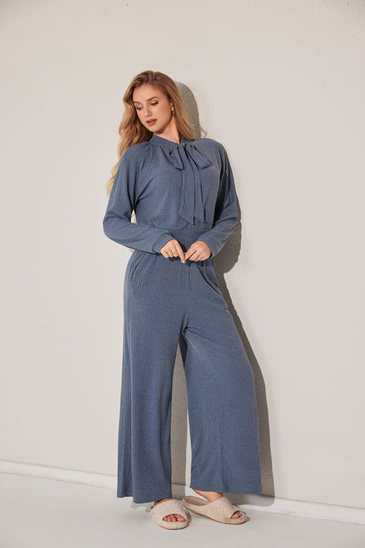 مجموعة بيجامة ثنائية مخططة بأكمام طويلة 