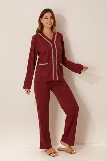 طقم بيجاما مفتوح من قطعتين من الأمام