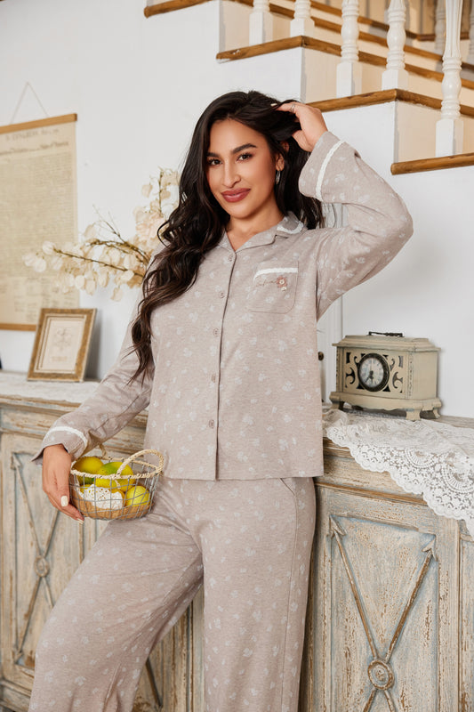 Open-collar two-piece pajama set