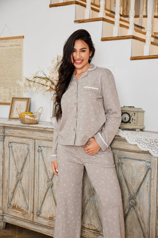 Open-collar two-piece pajama set